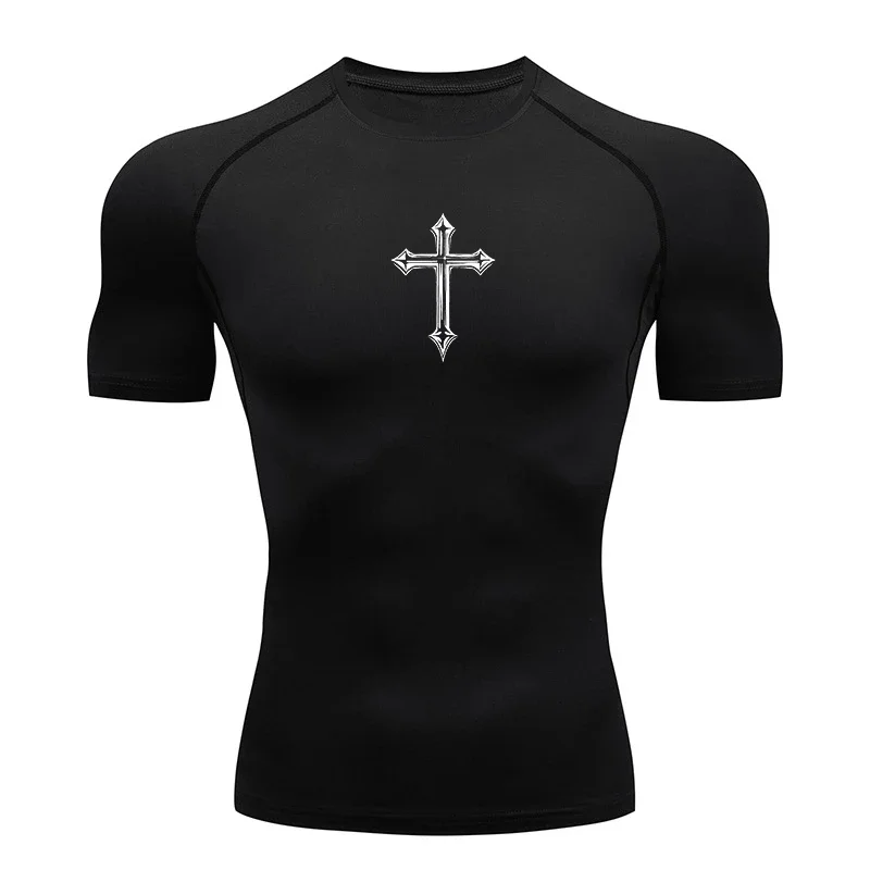 All Season Tight Fitting Short Sleeved Men's Clothing Fashionable Crucifix Printed Pattern ,suitable for Running and Training