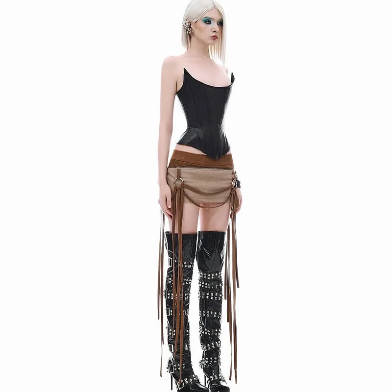 Damskie seksowne asymetryczne topy bez ramiączek z ekoskóry, modne gorsety z sznurowaniem na plecach, obcisłe kamizelki Y2K, odzież uliczna, odzież klubowa