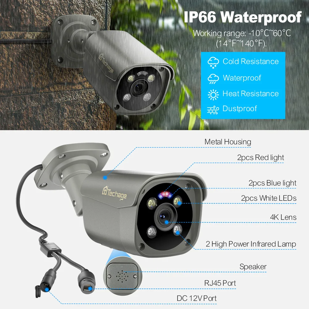 Techage 4K 8MP PoE Outdoor Two-way Audio Bullet IP Camera H.265 Surveillance System ONVIF Motion Detect Email Alert XMeye