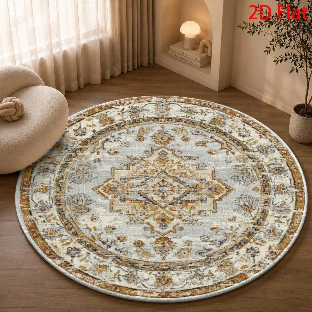 Vintage Gold Grey Medallion Round Rug,Distressed Oriental Persian Floral Ornate Border Printed Circular Floor Mat,Living Room