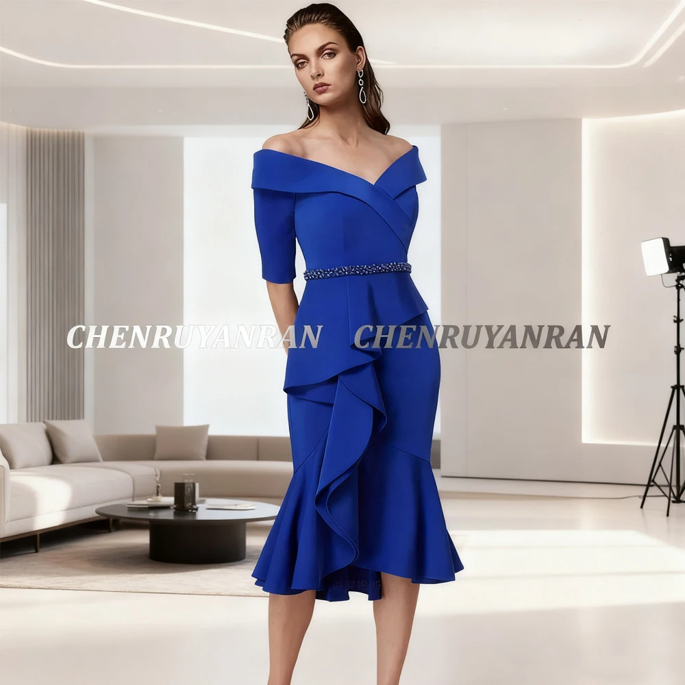 

Royal Blue Mother of the Bride Dresses 2025 Beaded Sheath Wedding Guest Gowns Off-Shoulder Elegant Dress Women For Wedding Party