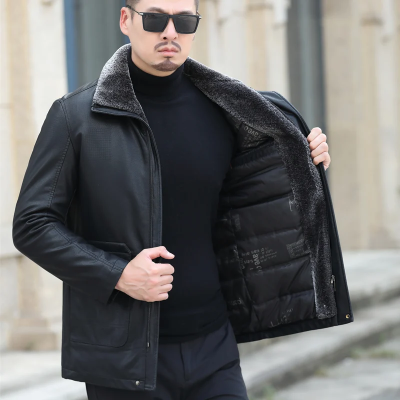 Chaqueta de plumón de cuero Natural para hombre, chaqueta gruesa a prueba de frío, de longitud media, para hombre de mediana edad, color negro, para invierno, YXL-188