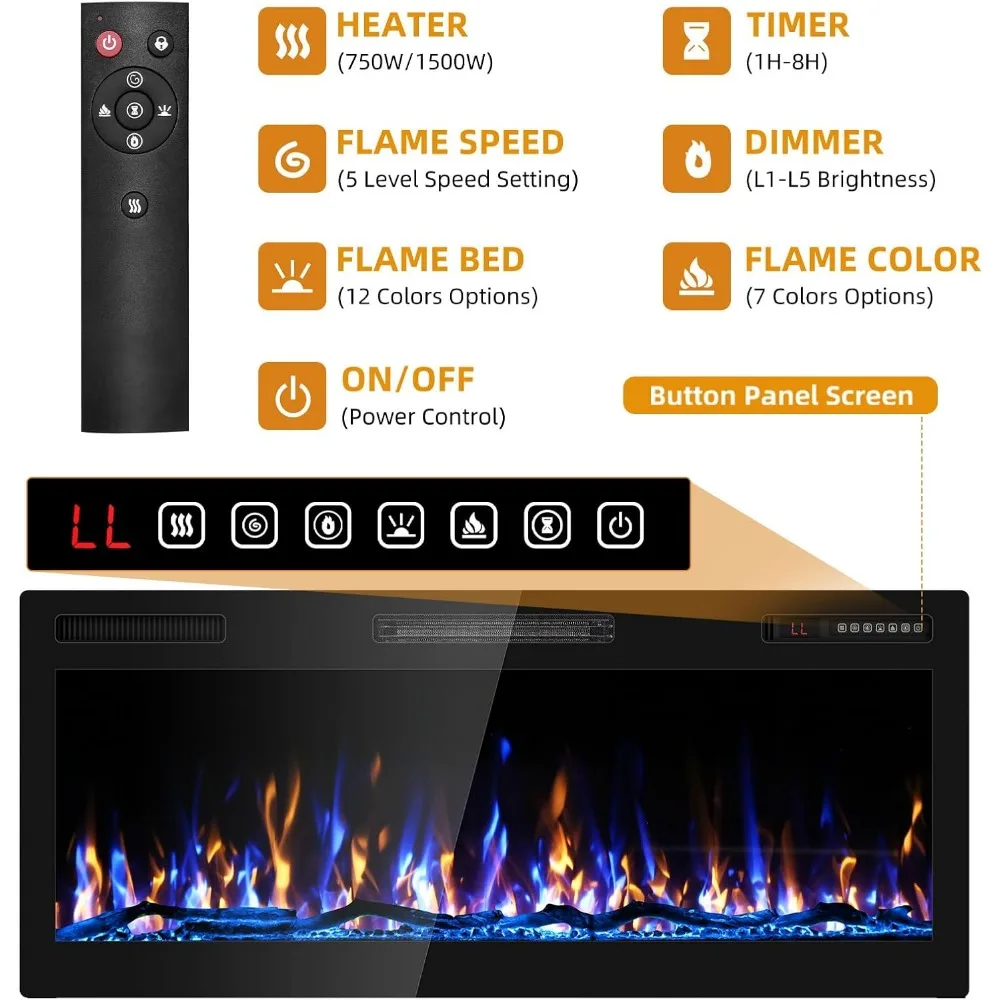 Wide Screen Electric Fireplace with Ultra Narrow Bezel, HD Flame Effect, Modern Wall Mounted Fuel Bed Logs for Contemporary Home