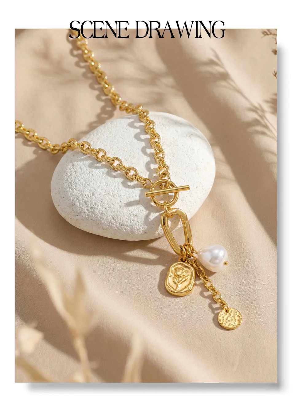 Yhpup Halskette mit Blumenanhänger aus Edelstahl mit Imitationsperlen, anlaufbeständige Metall-Statement-Kette, Modeschmuck, Geschenk – Detail 4