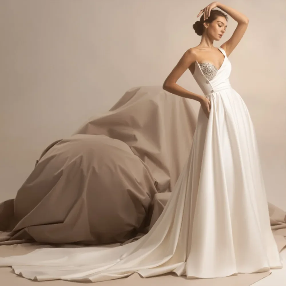 Robe de Mariée Trapèze en Satin Indépendante, Plis Froncés et Perlés, pour Patients, Personnalisée, Éducative