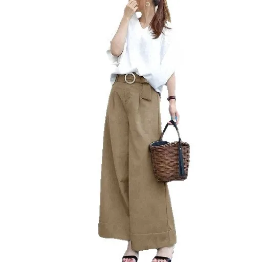 ชุดเซ็ตสองชิ้น เสื้อคอวีแขนทรงปีกค้างคาว พร้อมเข็มขัด และกางเกงขายาวทรงกระบอก รุ่นใหม่ประจำฤดูร้อนปี 2025