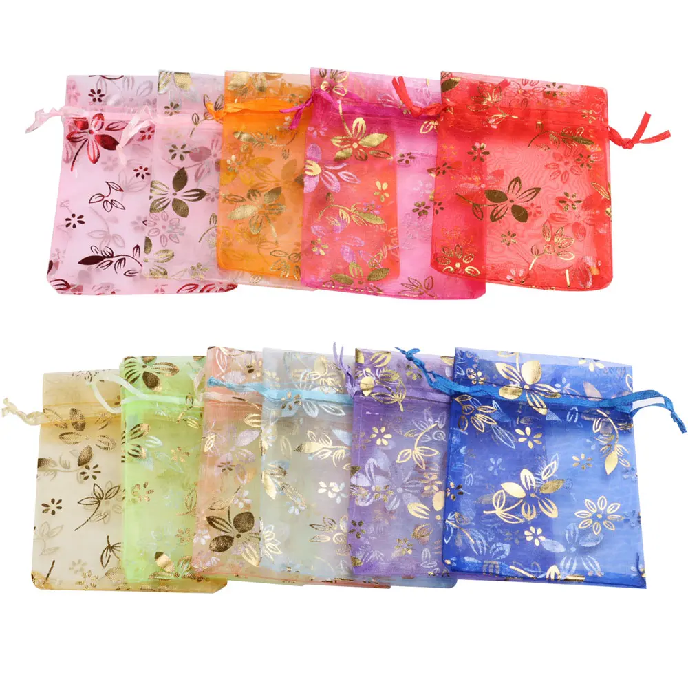 20pcs 9x12cm 10x15cm 13x18cm New Organza Jewelry Bag Gold Color Red Bauhinia Flower Bracelet Necklace Gift Pouch Packaging Bags