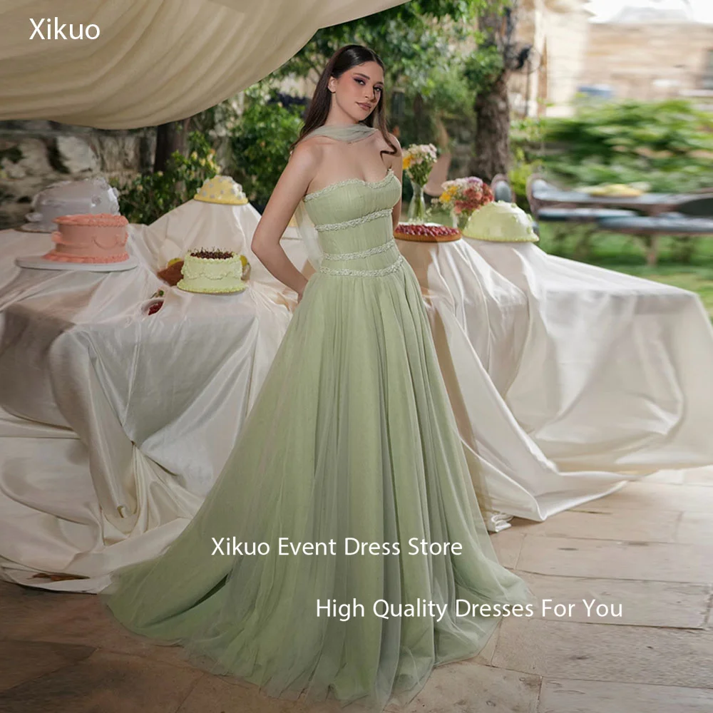 Xikuo Простые тюлевые мятно-зеленые вечерние платья женские длиной до пола, трапециевидные платья Vestidos De Gala без бретелек, платья для выпускного вечера по индивидуальному заказу