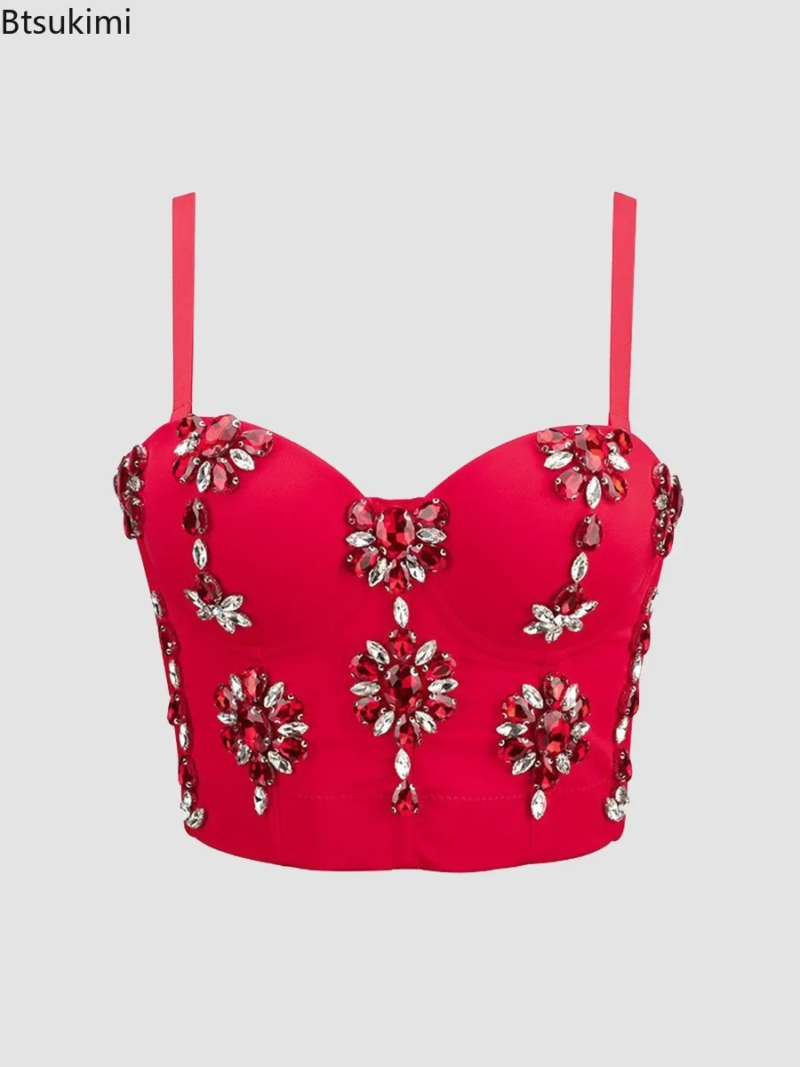 

Women's Summer Sleeveless Crop Tops Corset Bustier Bra Push Up Top Rhinestones Camisole Polyester Lingerie for Evening Parties