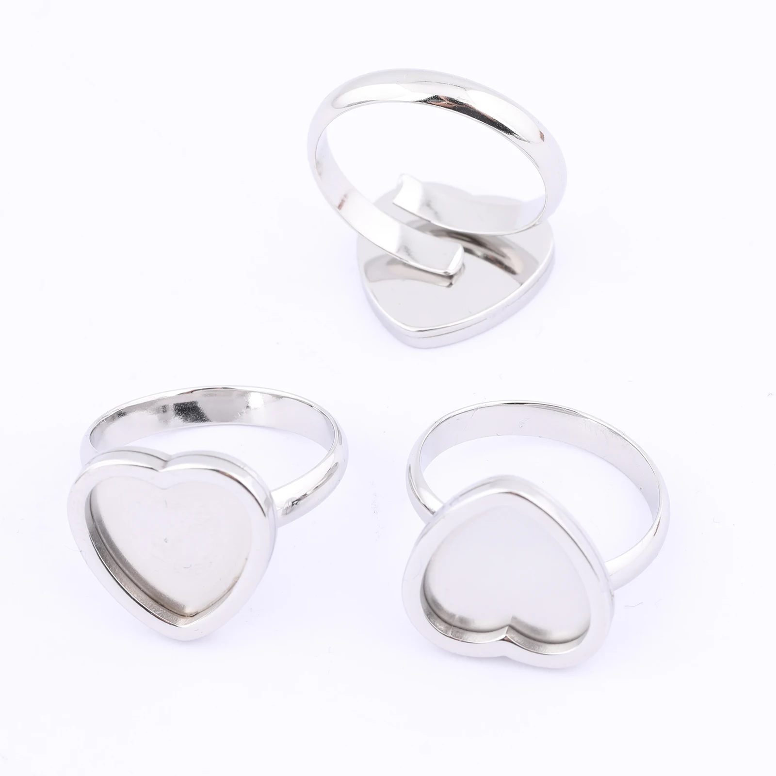 5pcs Stainless Steel Fit 12mm Heart Cabochon Ring Base Setting Blanks Diy Adjustable Fingerring Bezel Blanks For Jewelry Making