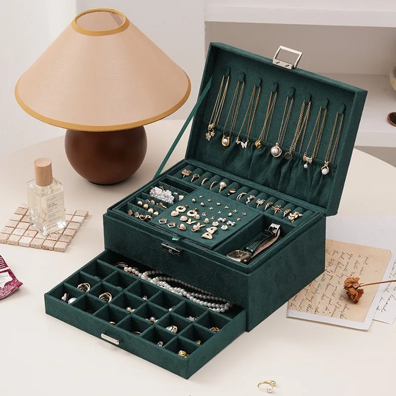 Lockable Velvet Jewelry Case, 3-Layer Drawer Ring Organizer, Necklace Bracelet Earring Storage Box for Women