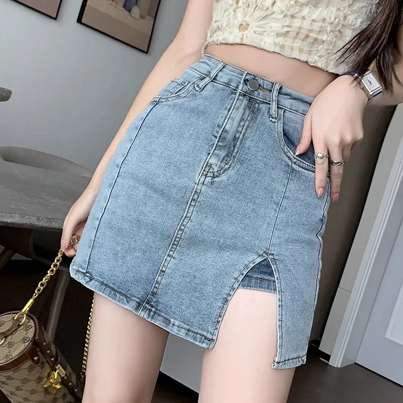 

Internet famous split denim skirt for women's summer new retro spicy girl bag buttocks, high waist, slimming A-line