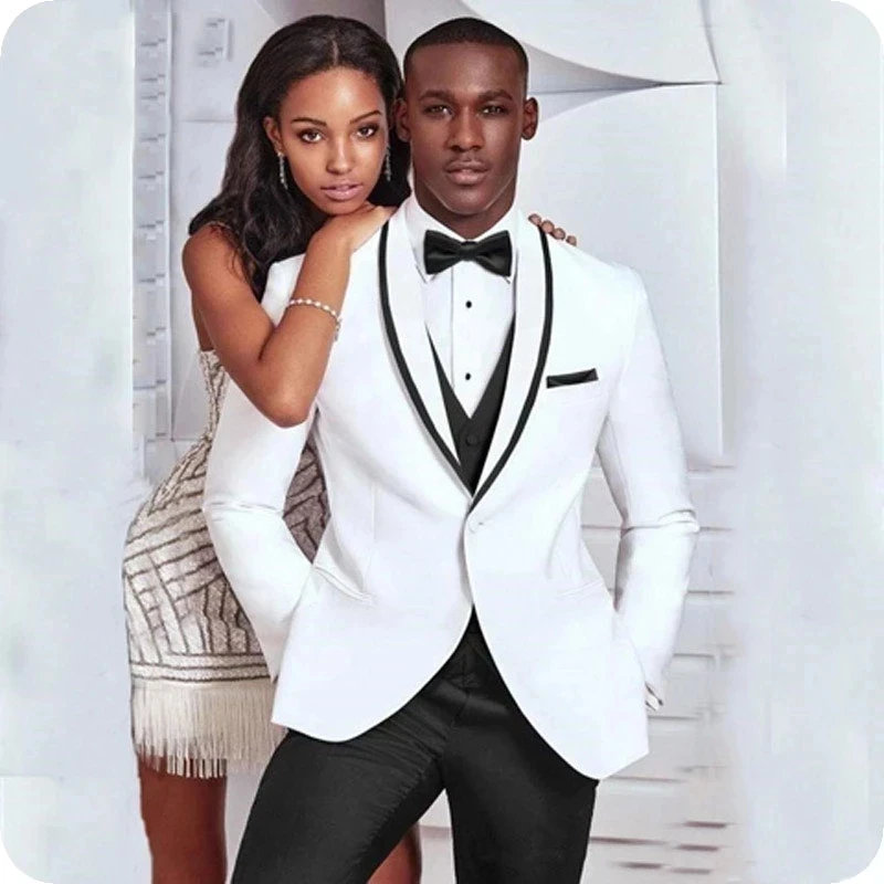 

Groom White and Black vest Wedding Tuxedo Slim Suit Men's Fashion Coat Pants Birthday Banquet Reception Company Annual Meeting