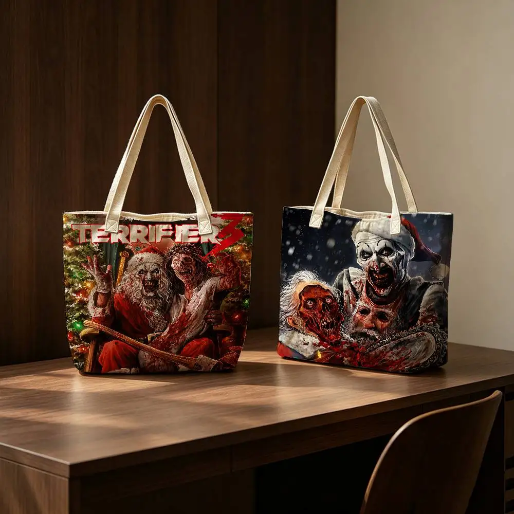 T-Terrifier Film Horror Linen Blend Cotton Polyester Tote Bag Women Designer Handbags Shopping Bags for Groceries Simple life
