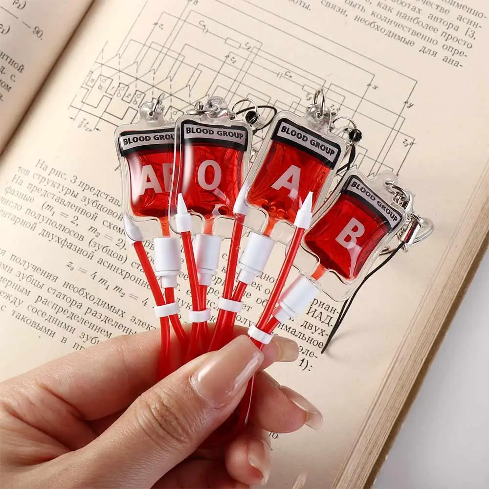 Type A B O AB Plasma Blood Bag Keychain Bag Charm Unique Mobile Phone Straps PVC Fashion Halloween Blood Pendant DIY Accessory