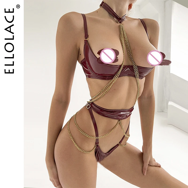 

Ellolace Sensual Leather Lingerie Half Cup Bra Kit Push Up With Chain Sissy Crotchless Naked Bilizna Outfit Fetish PU Uncensored