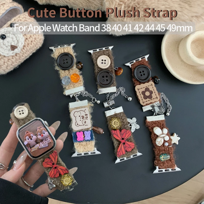 

Korean Button Plush Strap for Apple Watch Band 40mm 44mm 38 42 45 49 Women Bracelet for IWatch 9 8 7 SE 6 5 4 Ultra2 Accessories