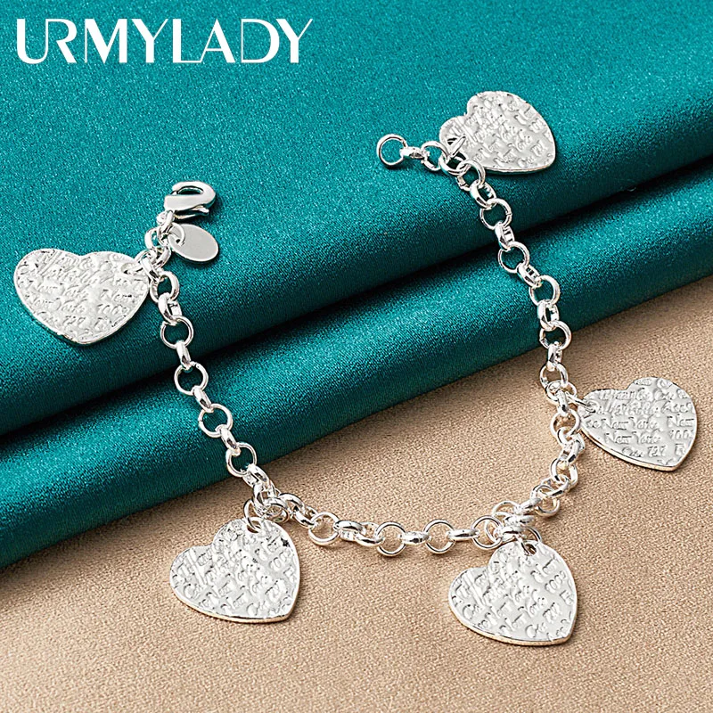 

URMYLADY 925 Sterling Silver Five Hearts Pendant Bracelet For Women Wedding Engagement Fashion Charm Jewelry