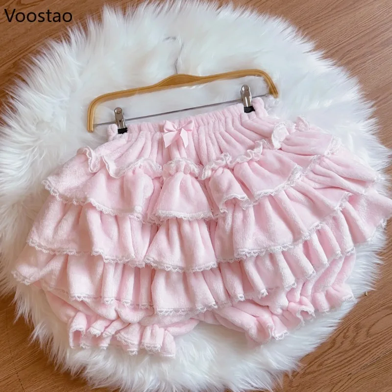 

Harajuku Lolita Pumpkin Shorts Autumn Winter Thick Warm Safety Shorts Women Cute Knickers Sweet Ruffles Bow Plush JK Bloomers