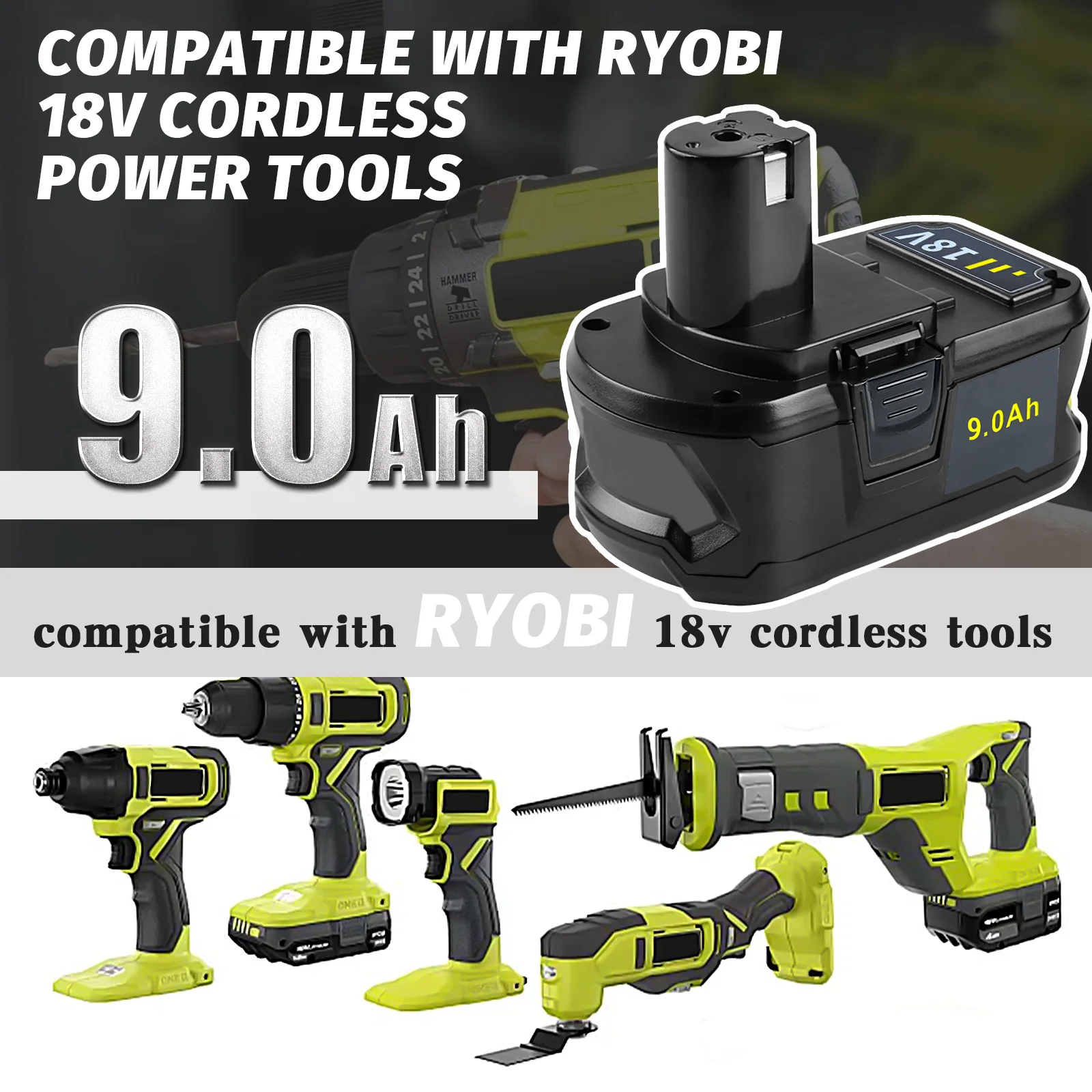 2 Packs 9.0Ah 18V Li-ion Rechargeable Battery Compatible with RYOBI 18V Cordless Power Tools BPL1820 RB18L50 RB18L40