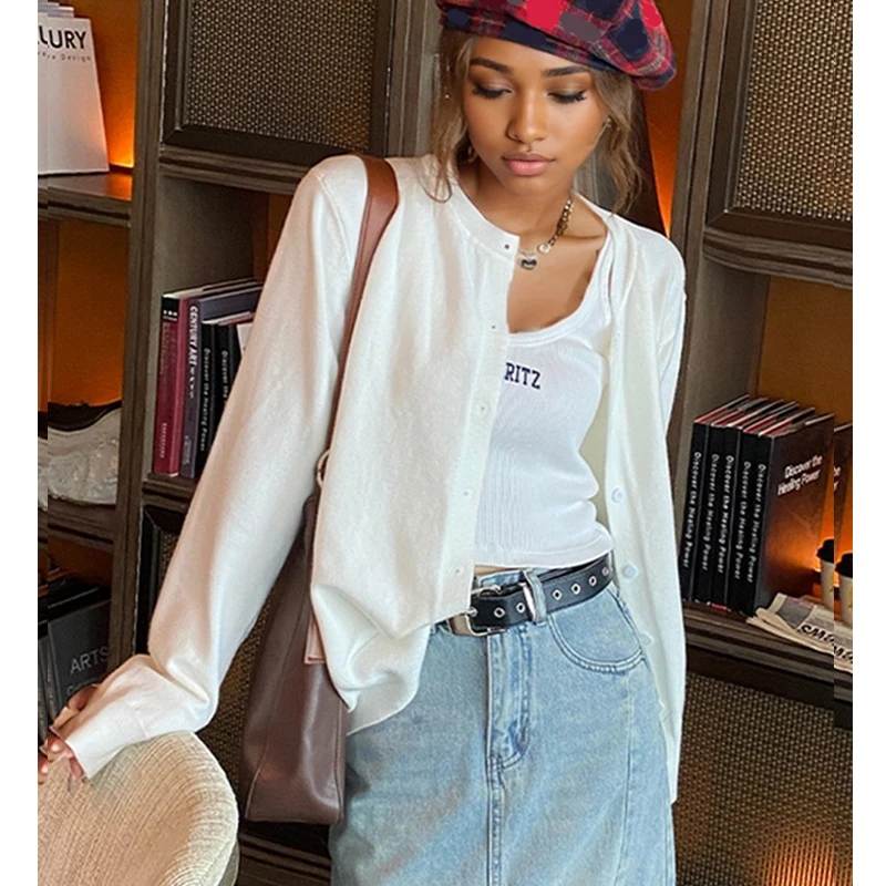 

Кардиган с длинными рукавами и круглым вырезом, женский осенний элегантный однотонный повседневный вязаный свитер, новые модные корейские верхние пальто