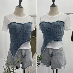 Washed Raw Edge Denim Pacthwork Mesh Short Sleeve Shirt Women Vintage Sexy See Throgh Top Y2K Top Casual Holiday Club Streetwear