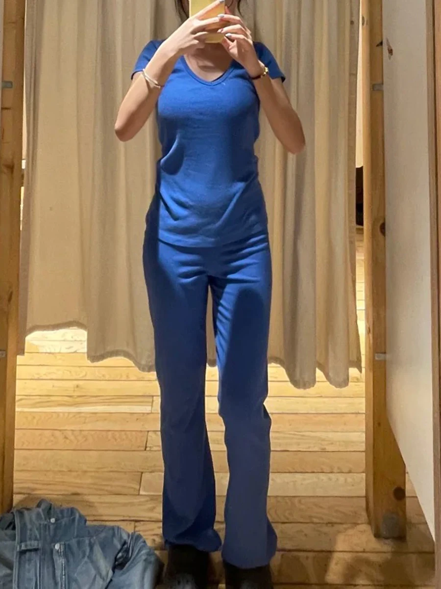 Electric Blue T-shirt Pant Sets Women Y2K Casual Basic O-neck Short Sleeve Tee+Straight Sweatpant Cute Preppy Style 2 Piece Set view 5