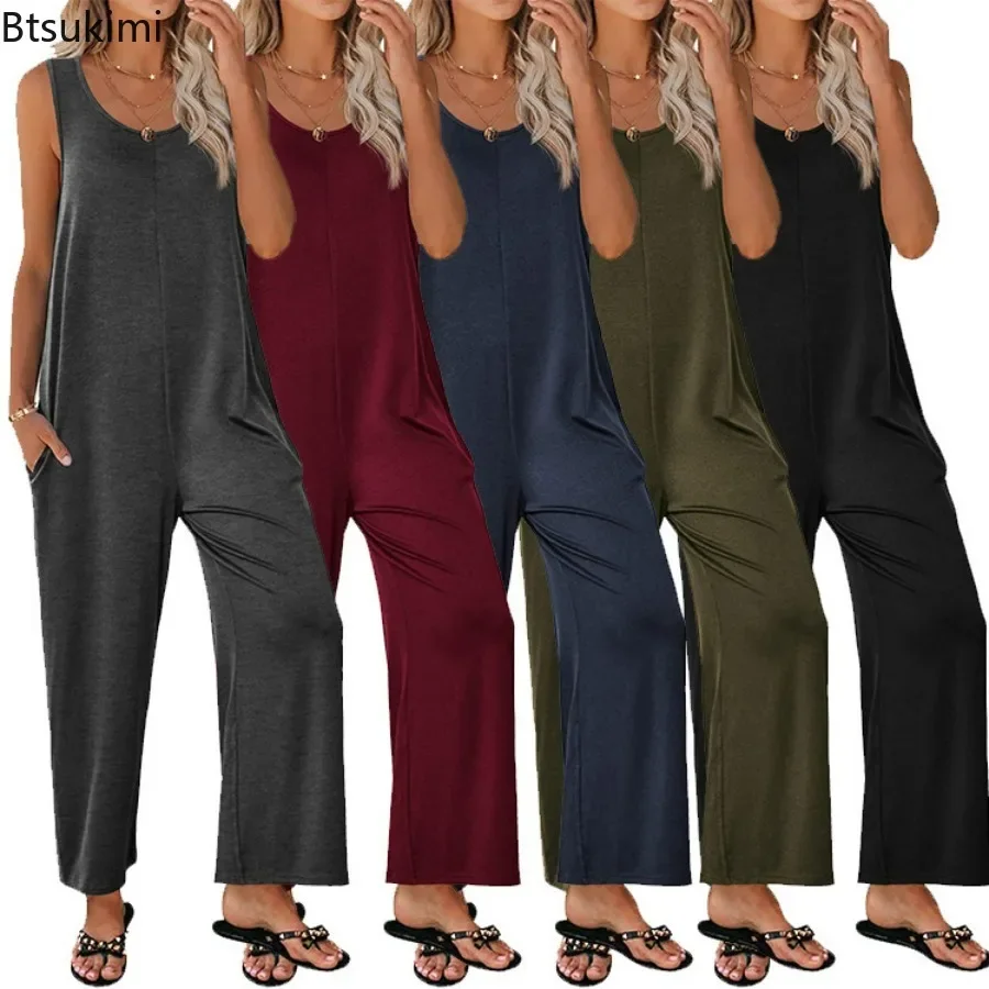 2024Women's Casual Jumpsuits Overalls Solid Sleeveless Straight Pants High Street Pockets Loose Casual Mid Waist Rompers Outfits