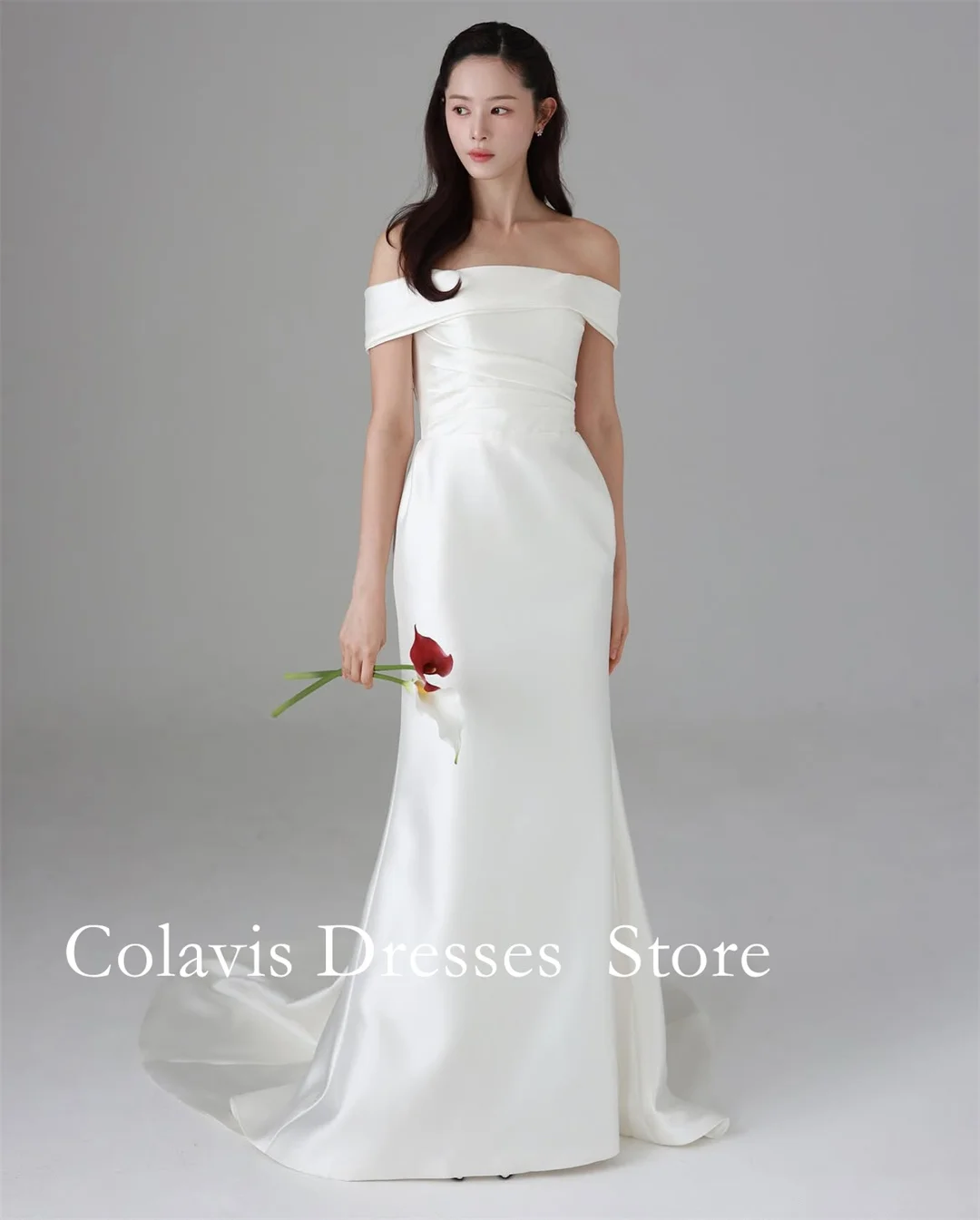 Fanan Customized Off‑the‑Shoulder Satin Lace-up Wedding Dress Pleated Waist Mermaid Bridal Gown With Pockets Chapel Train