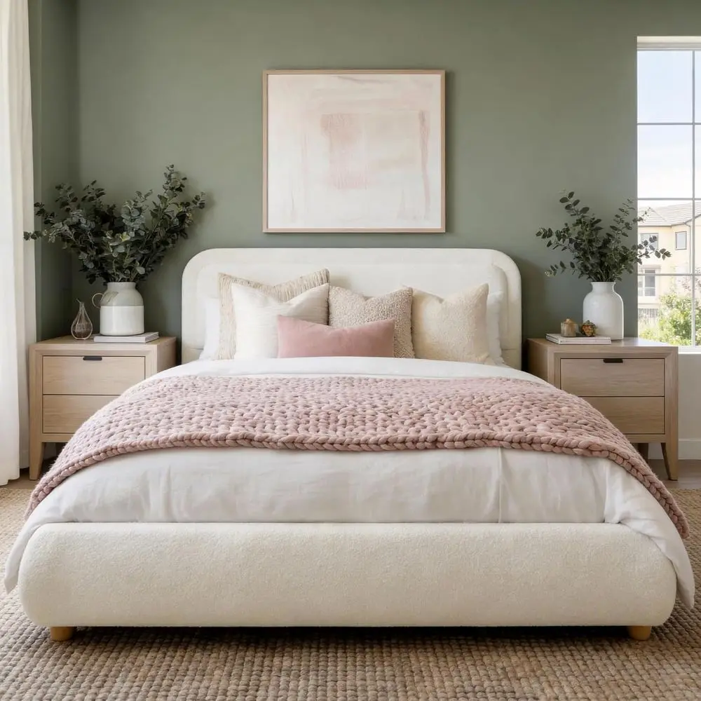 Beige Round Sleigh Upholstered Bed with Solid Wood Legs, Easy Assembly, No Box Spring Required