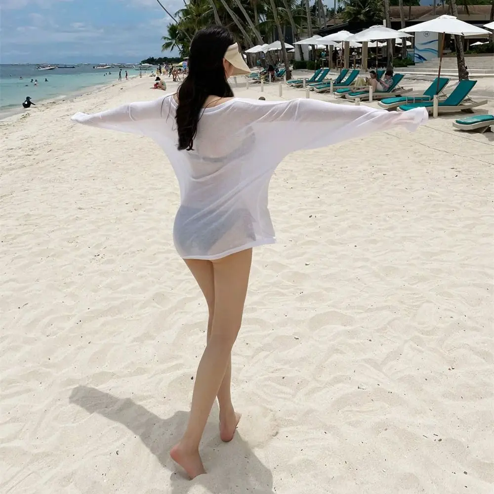 Bikini Cover Up Loose T Shirts Transparent Oversize Sun-protection Pullovers UV-Protective Washable Bottoming Shirts Girls