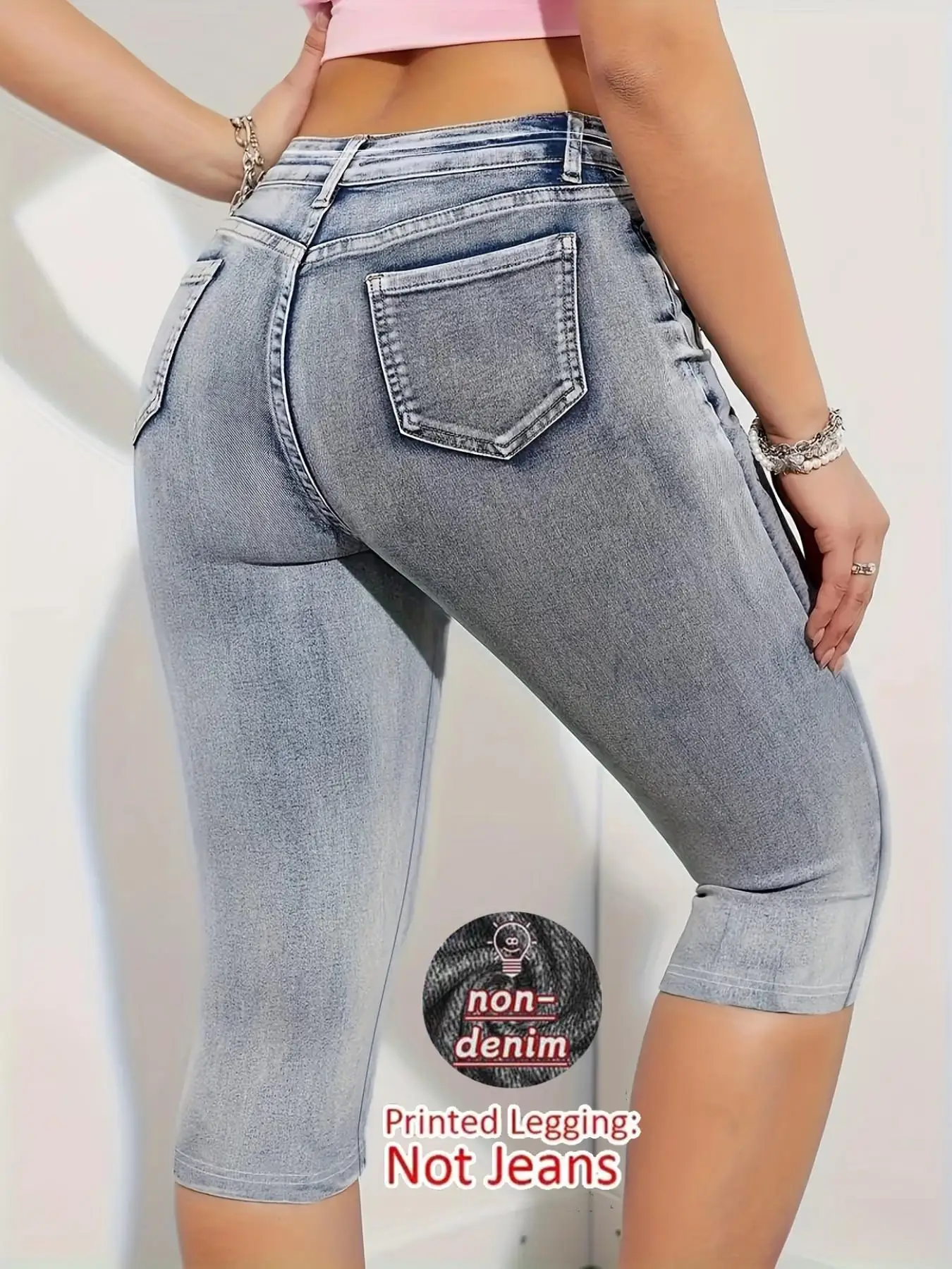 Women's Denim-Look Printed Leggings, Non-Denim Casual Skinny Pants, Outdoor Sports Yoga Pants