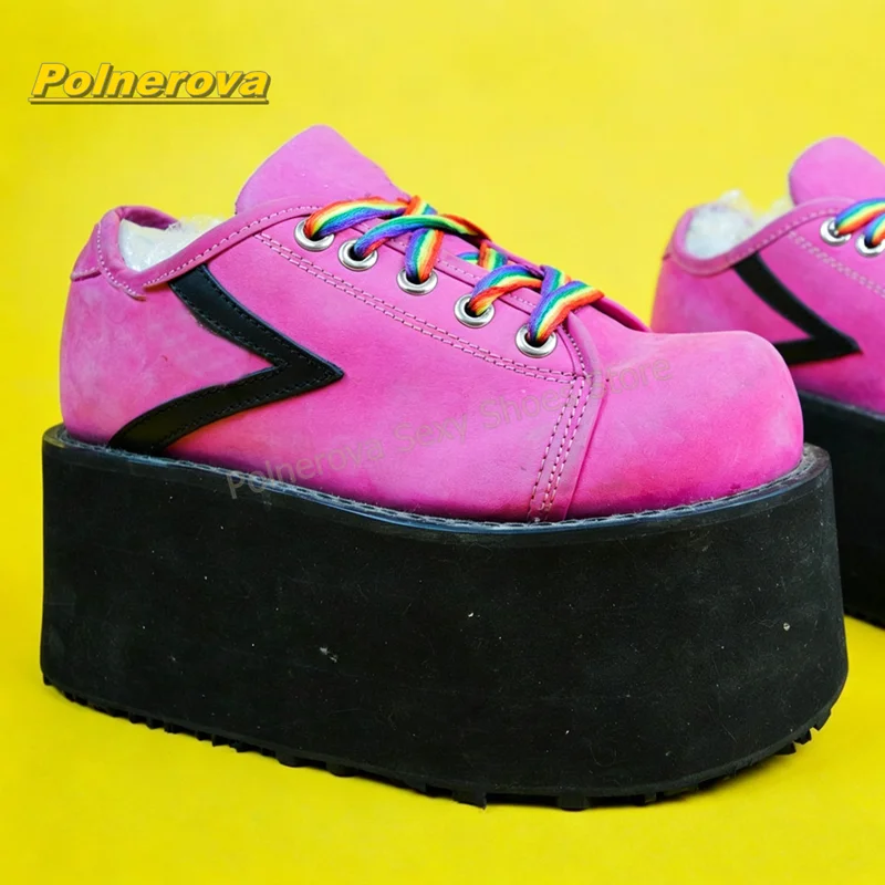 Hot Pink Rainbow Laces Platform Pumps Round Toe Thick Sole Y2K Mixed Color Patchwork Women Fashion Sneakers 2026 Street Style