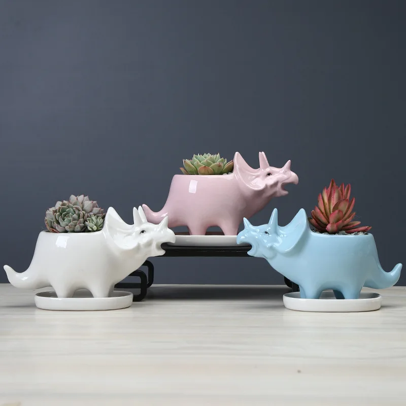 Keramische Triceratops Tuin Pot Met Dienblad, Creatieve Dinosaurus Standbeeld Planter Voor Vetplanten Bloempot, Huis Desktop Decoratie