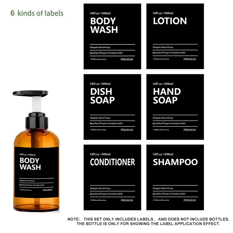 

Soap Dispenser Labels Waterproof Black Lotion Label Shampoo Conditioner Body Wash Bathroom Shower Bottle Sticker 6 PCS