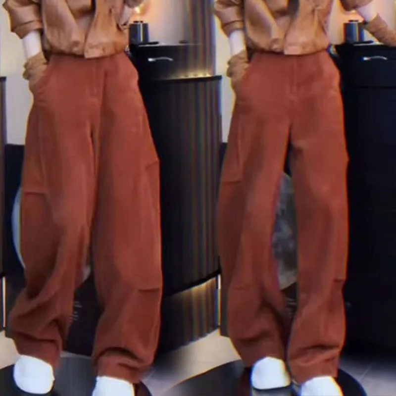 

Модные женские брюки с высокой талией и широкими штанинами, свободные, скрывающие недостатки фигуры, с эффектом похудения, повседневные, длинные, осенне-зимние