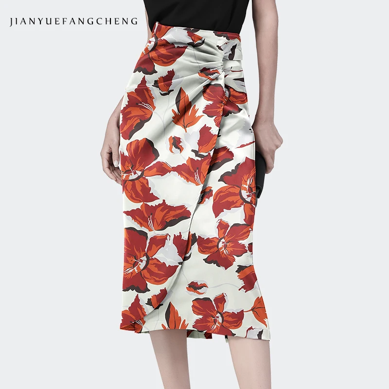 Red Floral Printed Mid-length Satin Skirt Women' High Waist Slit Pencil Skirts Elegant Bodycon Ladies One Step Calf Skirt