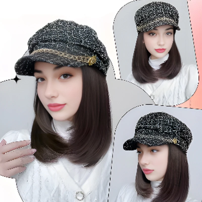 MSTN Straight Hair Hat Wig Medium Long Hair Black Beret Autumn Winter Hat Chemical Fiber Wig Hair Extensions Hair Accessories