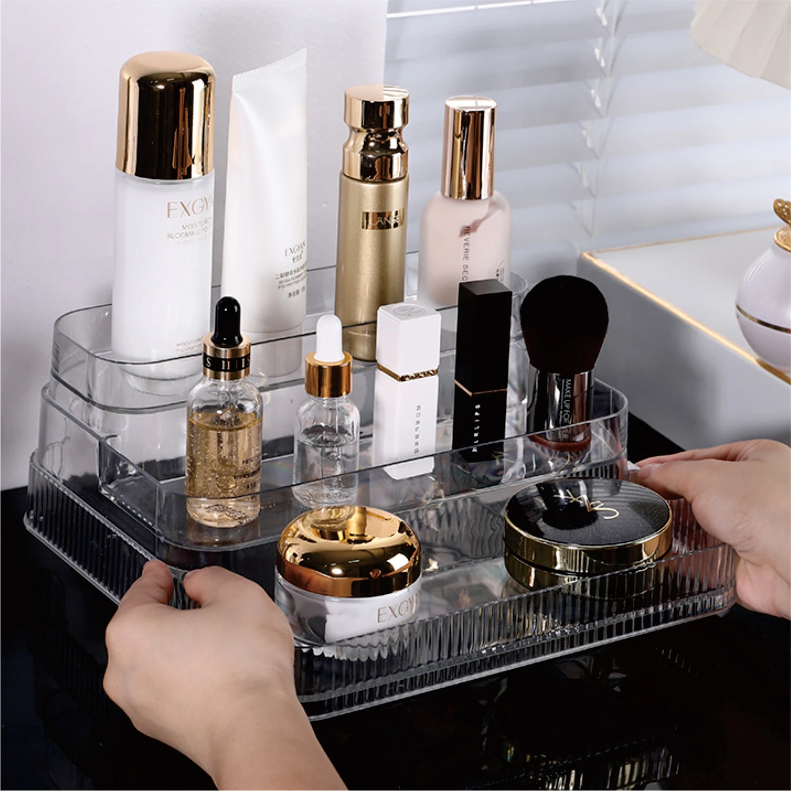 Organisateur transparent pour parfums et maquillage, support de rangement en acrylique pour salle de bain et bureau, présentoir transparent pour soins de la peau et aromathérapie