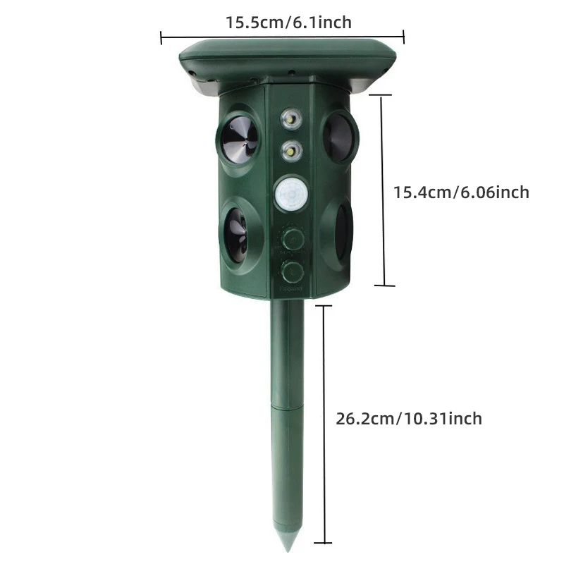 Solar animal repeller, frequency conversion ultrasonic LED flash buzzer drive infrared sensing multi-level adjustment
