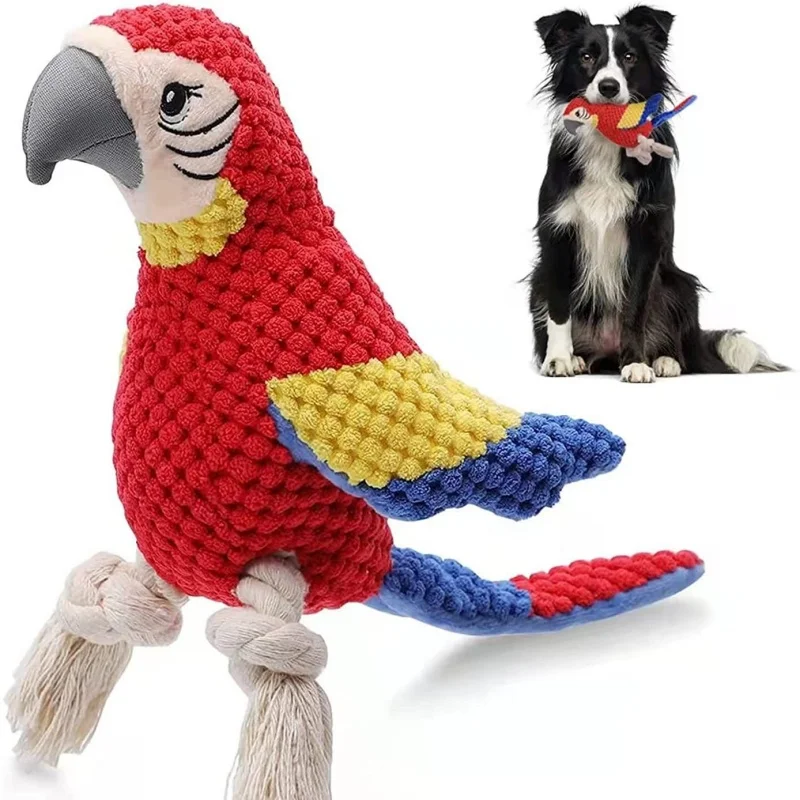 

New Chew Toy for Cats and Dogs – Realistic Plush Parrot with Chewable Knots Durable and Squeaky Pet Toy