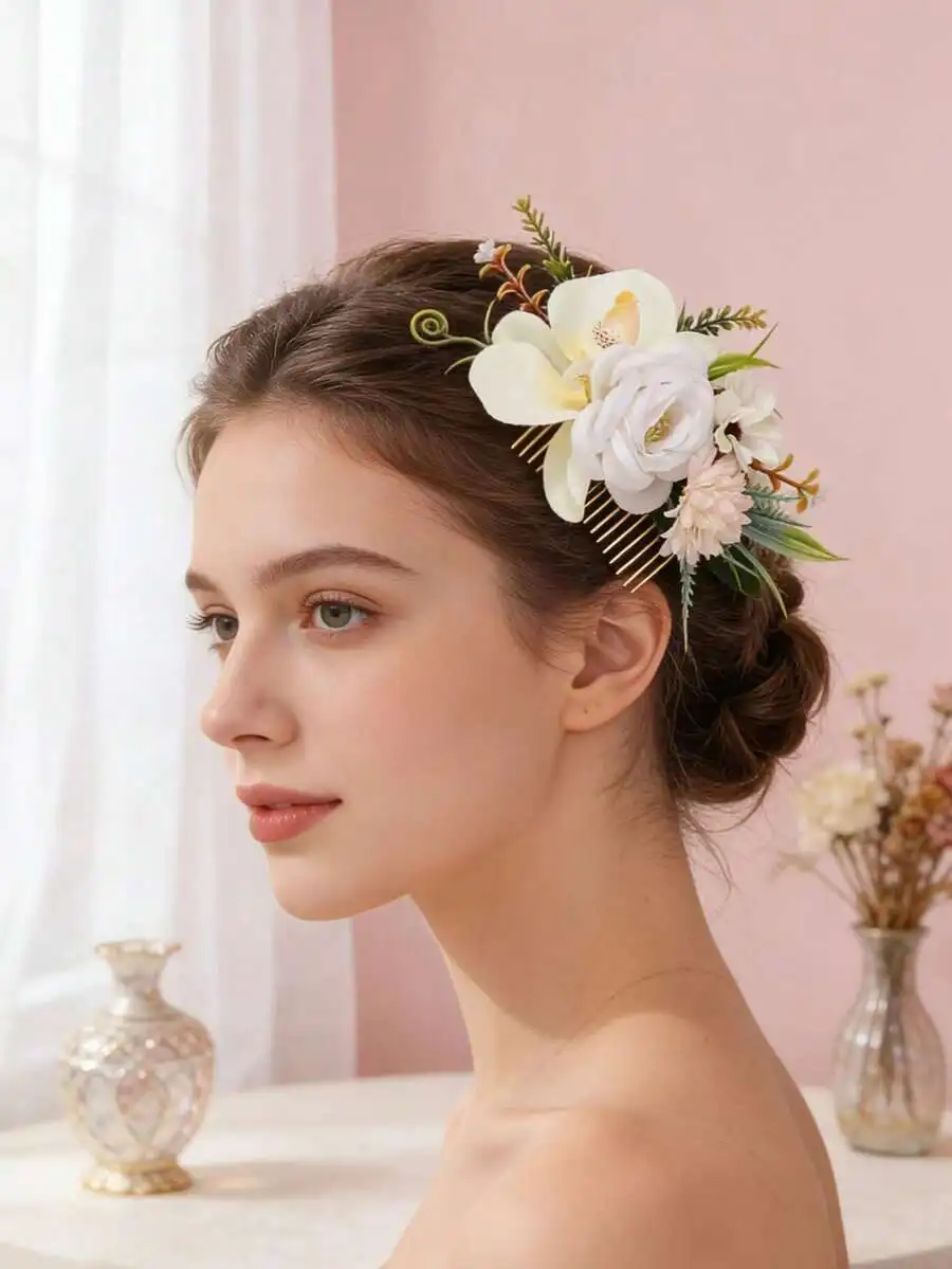 

Floral Hair Comb With White Rose And Orchid For Wedding Bridal Bridesmaid Festival