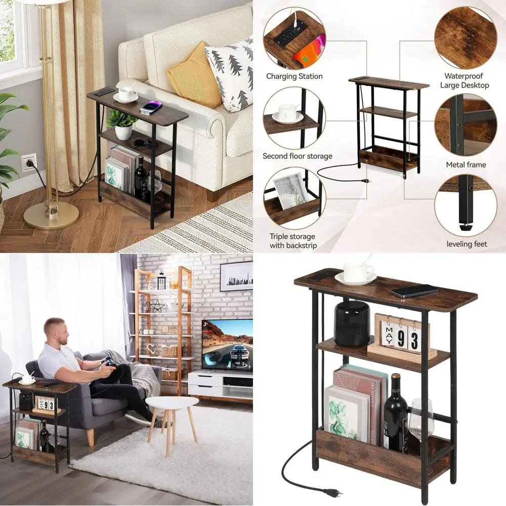 

Тонкий 3-уровневый приставной столик с зарядкой USB-C и держателем для журналов для современной гостиной и спальни