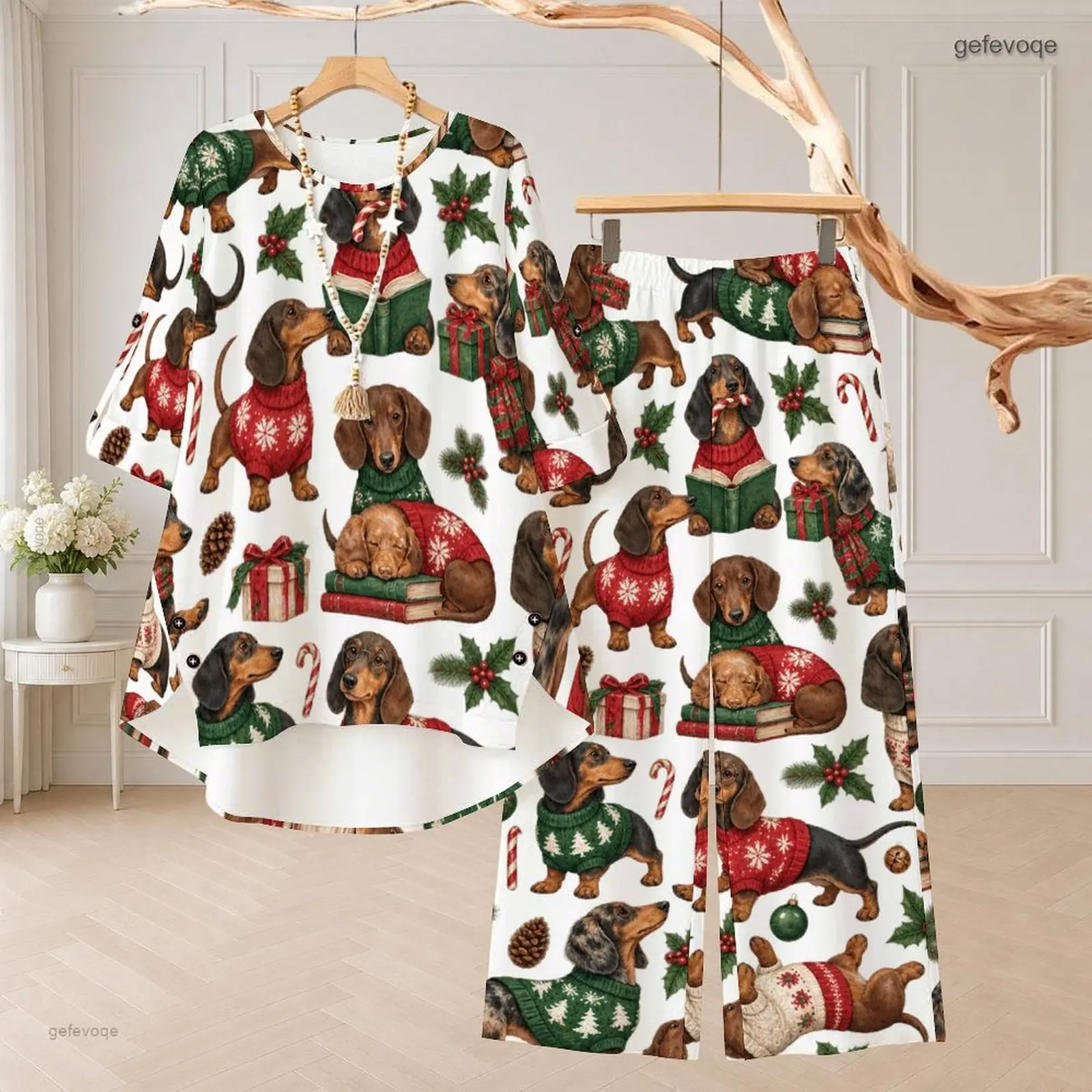 Women Printed Dachshund Dog Christmas Round Neck 3/4 Sleeve Top And Long Pants Two Piece Set