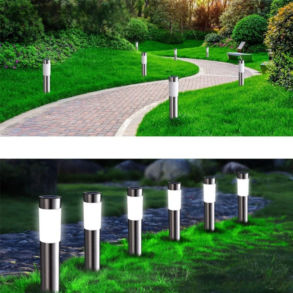 Solar Stainless Steel LED Modern Pathway Lights Upgraded Courtyard Outdoor Garden Cylindrical Lawn Light Outside Walkway Decor