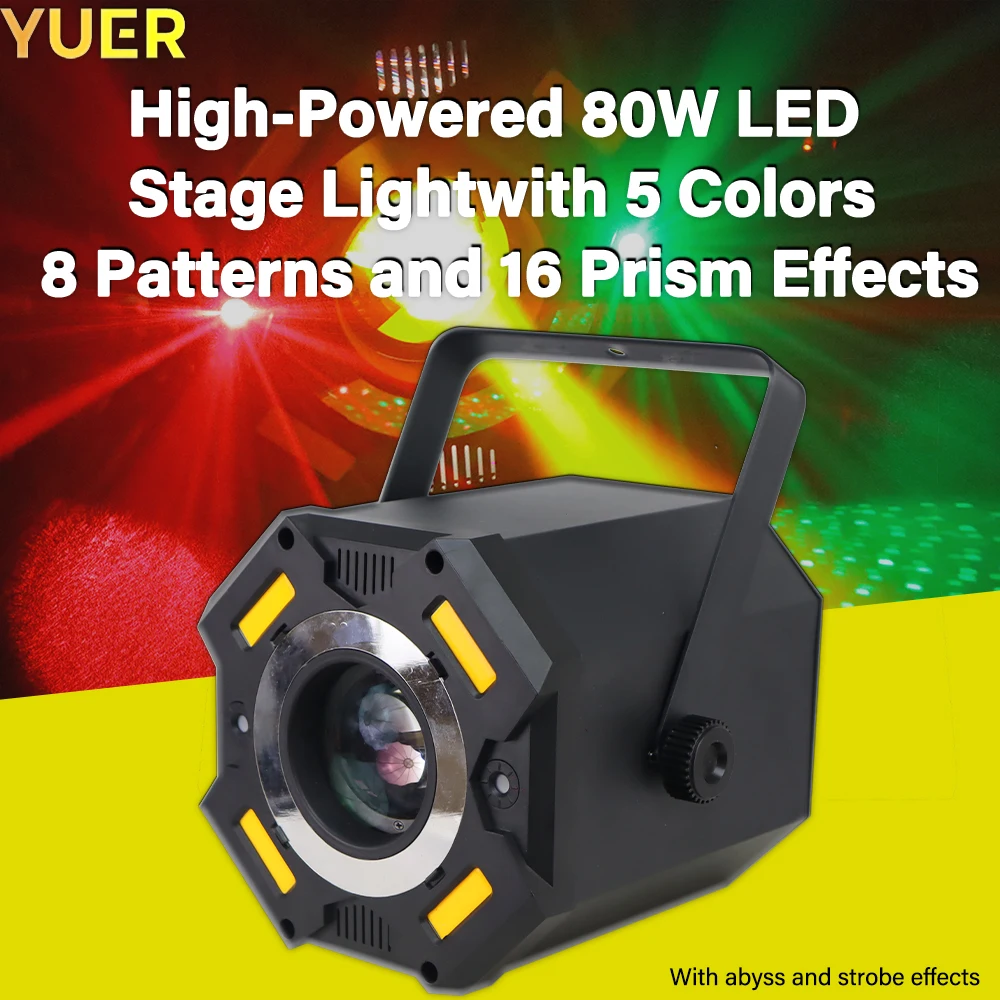 

NEW Versatile 80W LED Stage Light: 5 Colors, 8 Patterns, 16 Prisms, DMX512,Multi-Control Modes, Perfect for Stage and Event Use