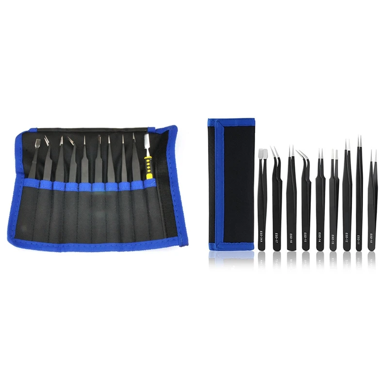 10-Piece Set Elbow Pointed Flat Head Precision Stainless Steel Tweezers Tweezer Combination Suit Easy Storage