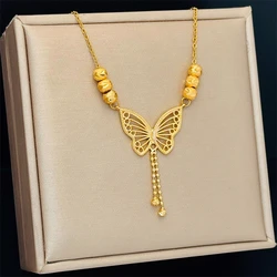 316L Stainless Steel New Fashion Fine Jewelry Carving Beaded Butterfly Tassels Charms Chain Choker Necklaces Pendants For Women