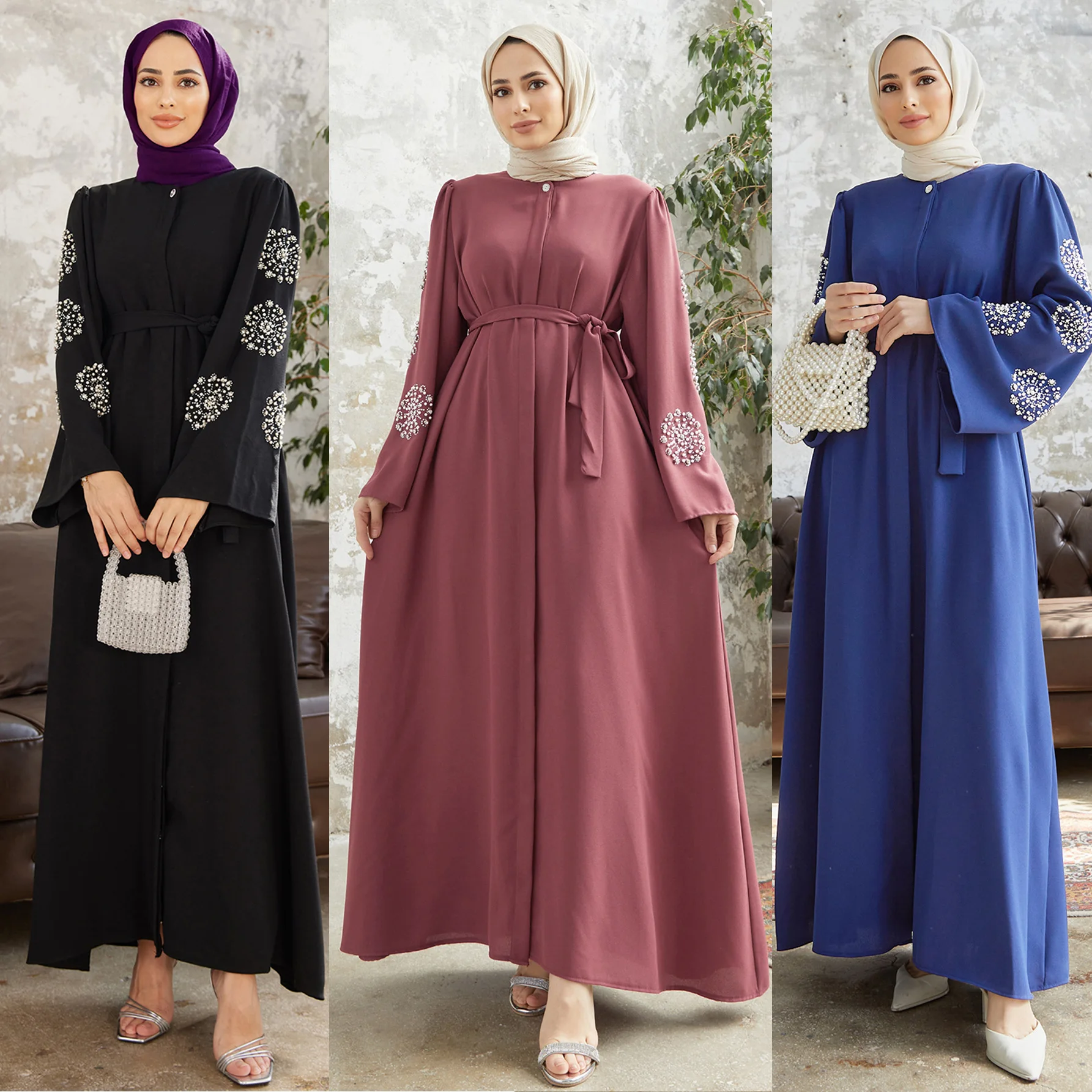 Ramadan Eid Beading Abaya Dubai Islam Muslim Kaftan Modest Dress Prayer Clothes for Women Kebaya Robe Musulmane Femme Jalabiya