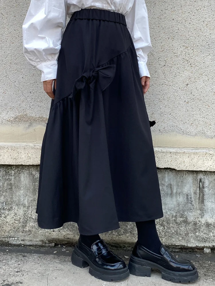 

Новая японская юбка-трапеция k Sle 2025 с узлом, завышенной талией и широким подолом, черная, повседневная, для женщин